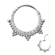 ASTM F136 Titanium Cubic Zircon Beaded Clicker Nose Hoop Ring Septum Piercing